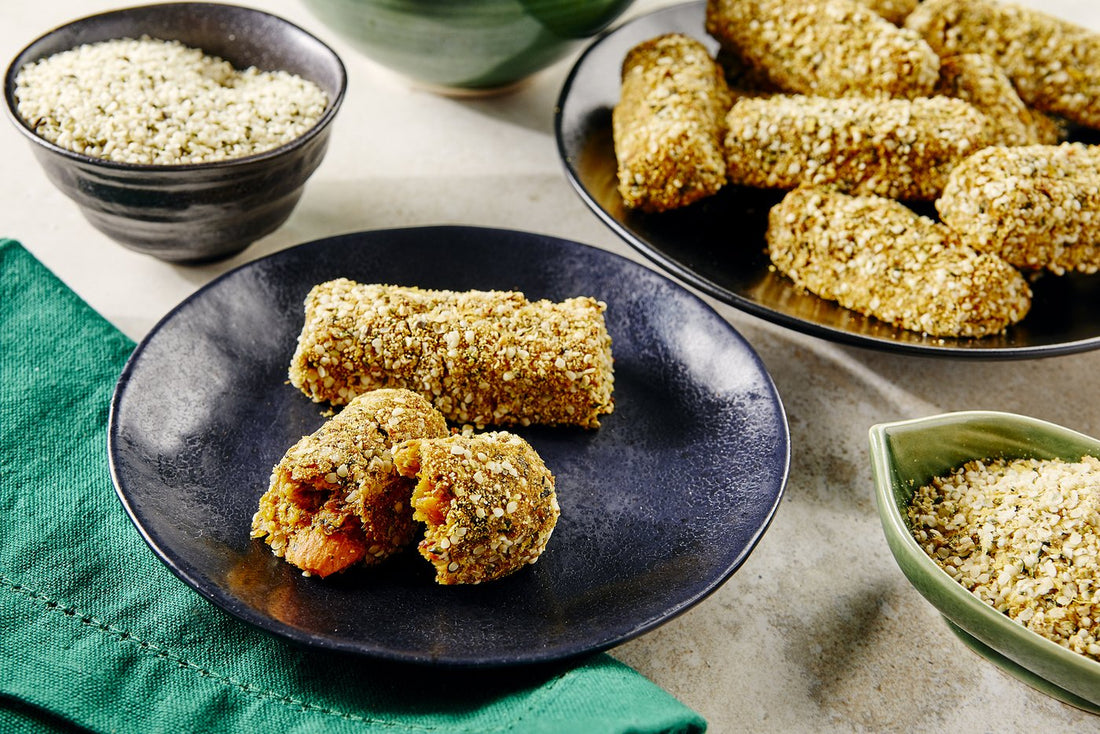 HEMP CRUSTED SWEET POTATO KALE CROQUETTES